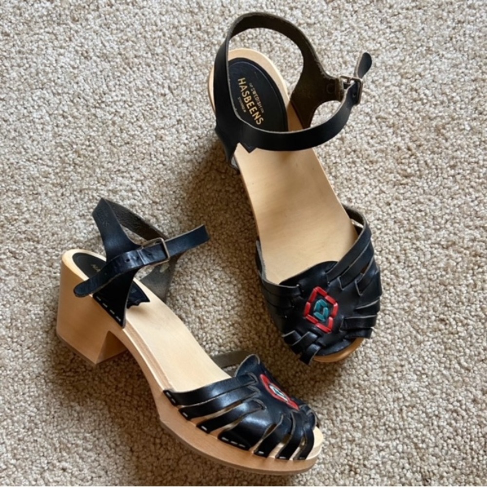 Swedish Hasbeens Black Leather Mules with Red and Green Accents